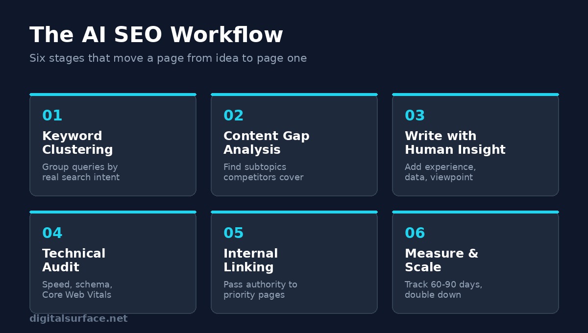 Six-step AI SEO workflow from keyword clustering to scaling